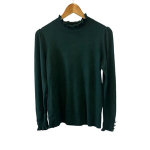 LAURA PETITES Green Tight Knit Ruffle High Collar Long Sleeve Sweater